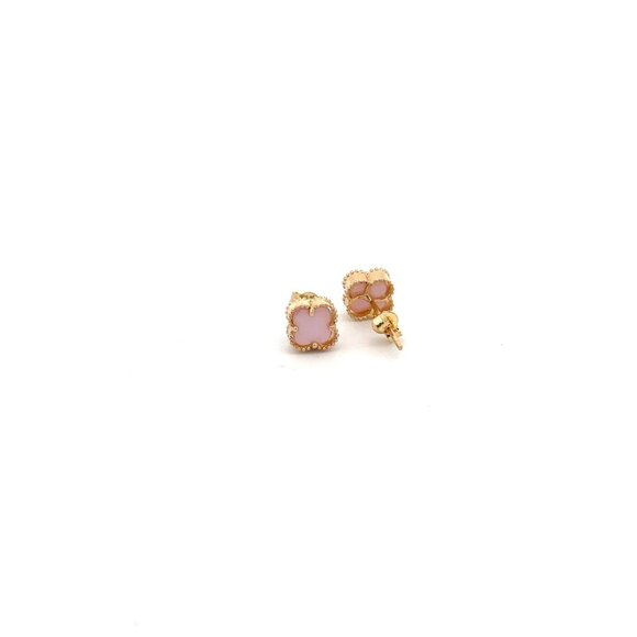 18K Gold Earrings Flower Very Light Pink Rose Quartz - Picture 5 of 9